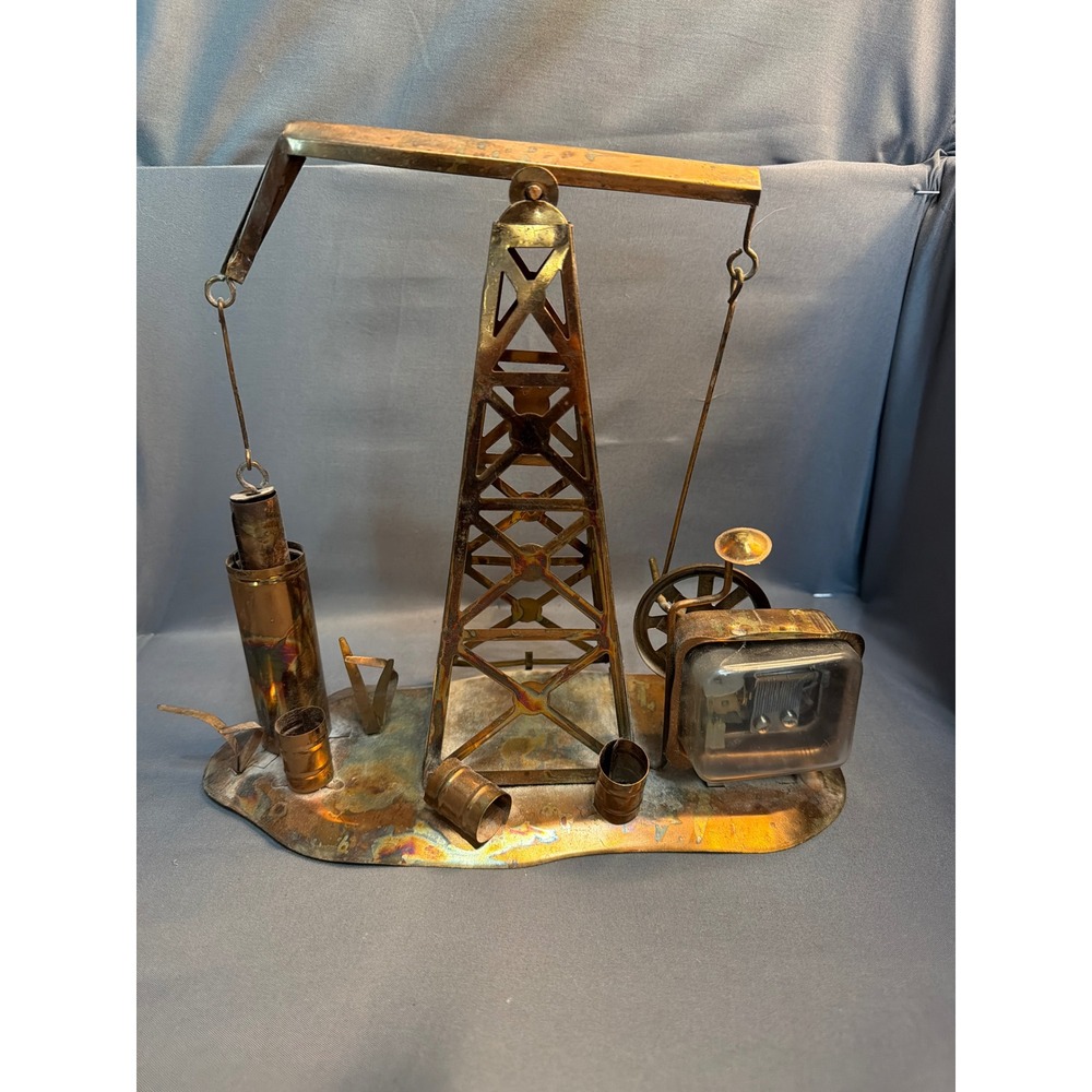 Vintage Sankyo Oil Derrick Pump Jack Music Box Copper Brass Industrial Sculpture